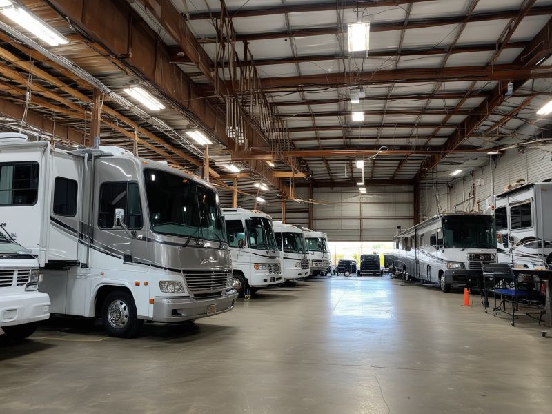 Modern RV repair facility with 5 service bays, hydraulic lifts, and professional equipment