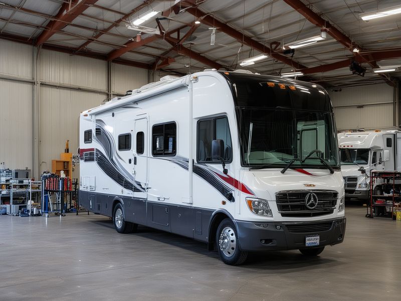 Professional RV body work and paint shop with climate-controlled paint booth and collision repair equipment