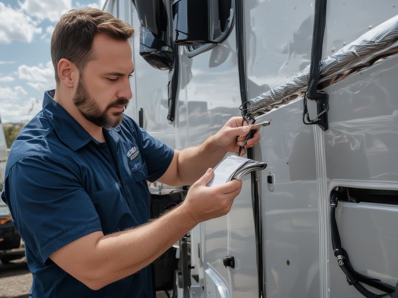 Professional RV service technician performing quality inspection and maintenance